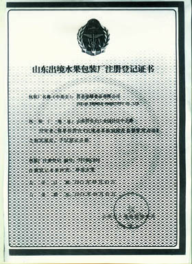 山東出境水果包裝廠注冊登記證書